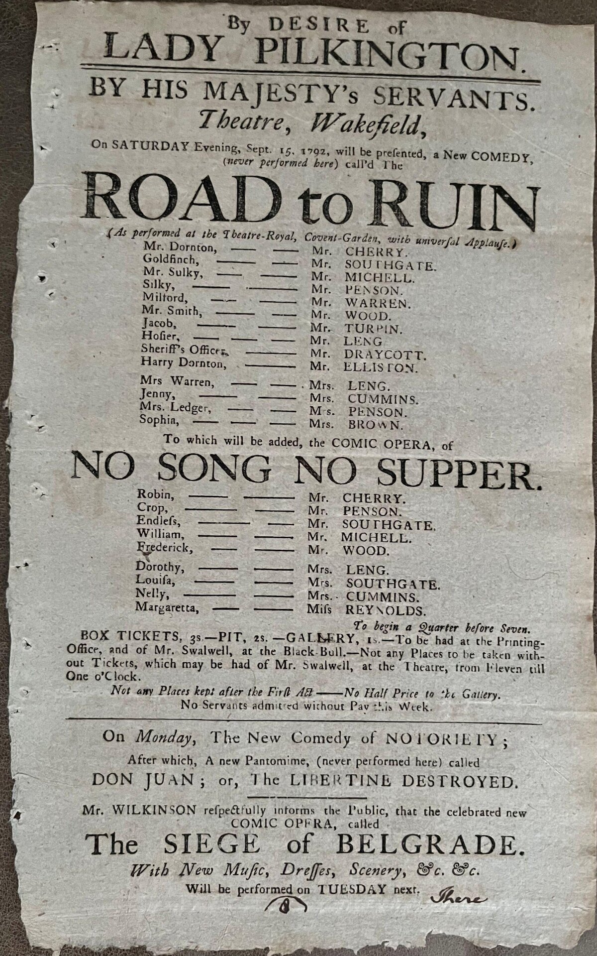1792 Wakefield Theatre Playbill