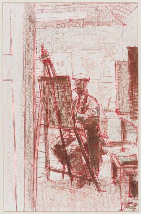 Artist Sketching at Easel in Studio