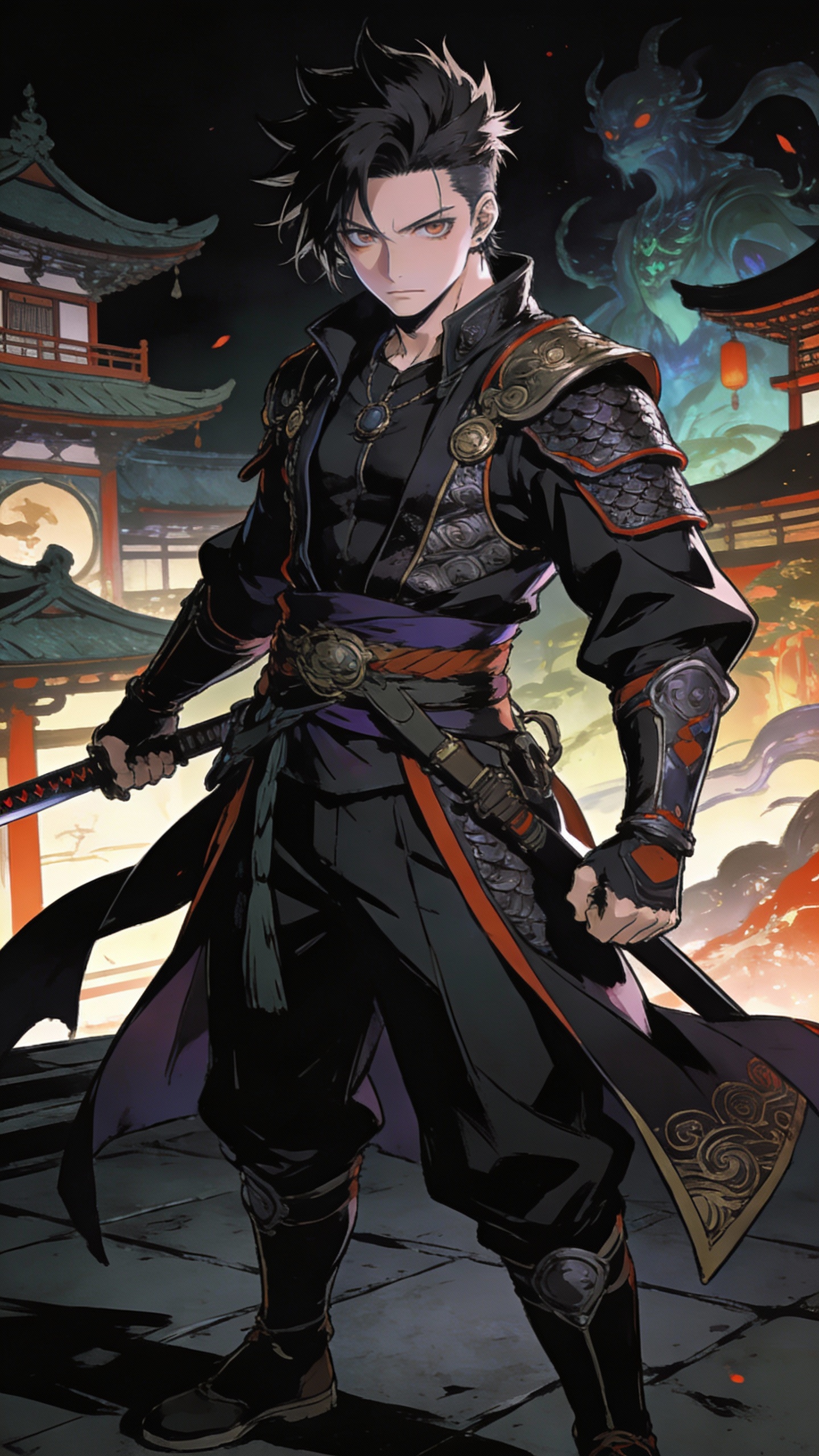 Anime Fantasy Swordsman at Night Temple