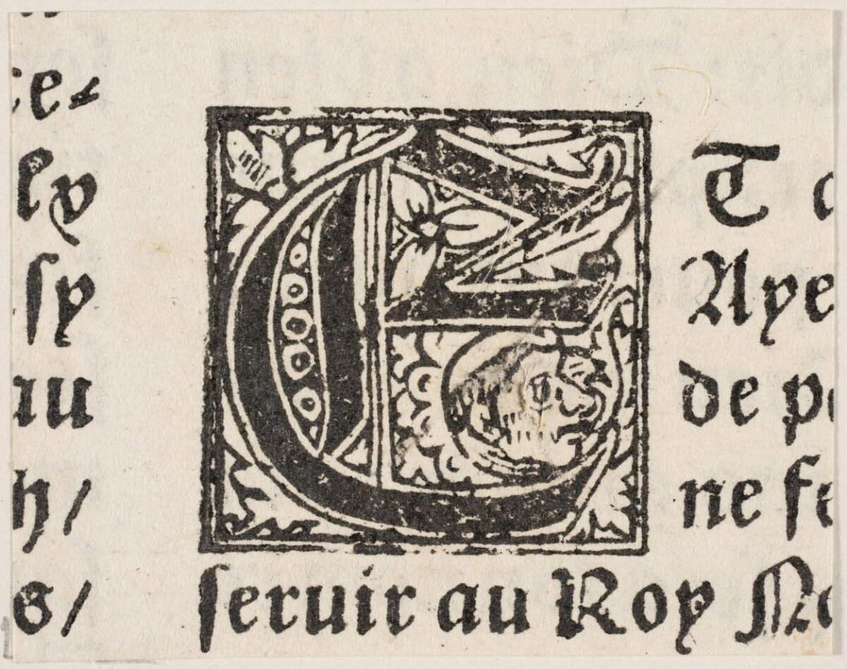 Medieval Woodcut Decorated Initial E