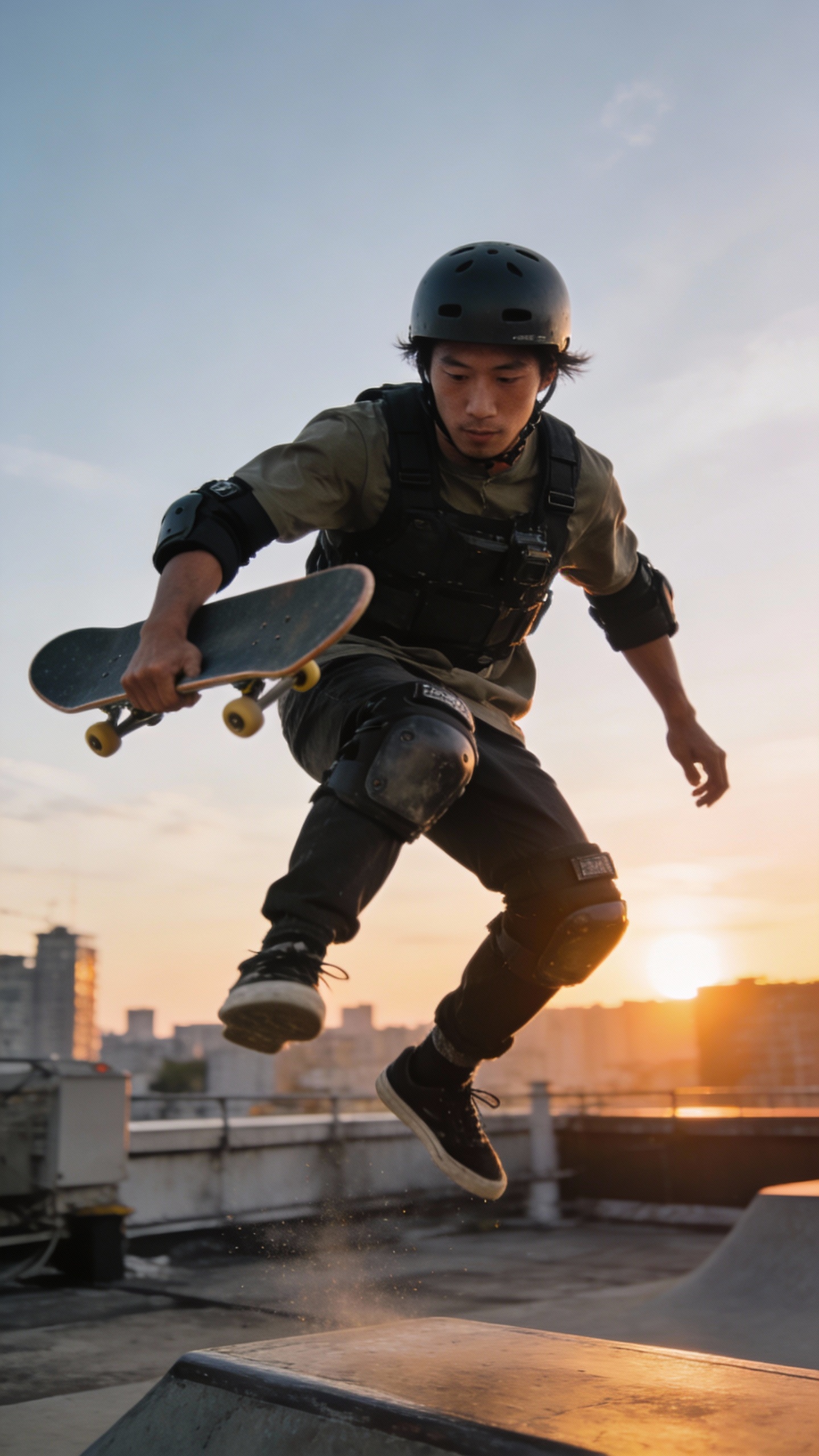 Skateboarder Mid Air Trick at Sunset Rooftop