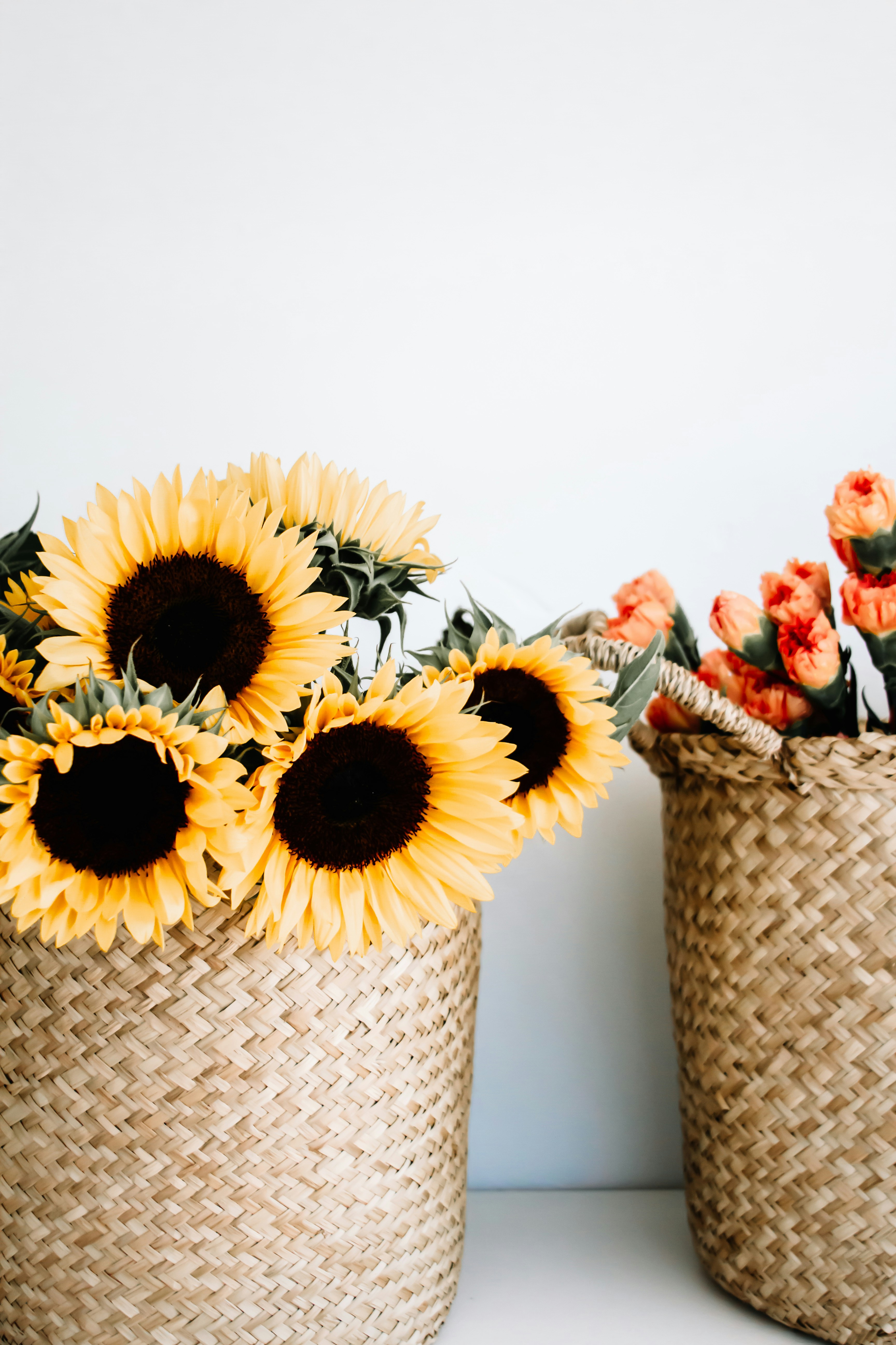 Sunflowers in Woven Straw Baskets