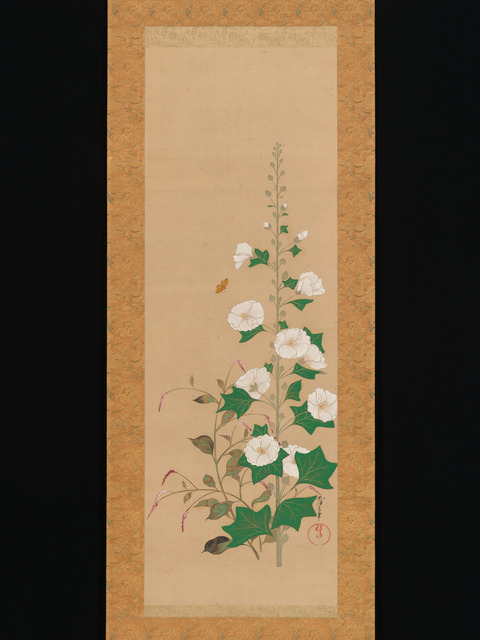 White Hollyhock and Butterfly Scroll Painting