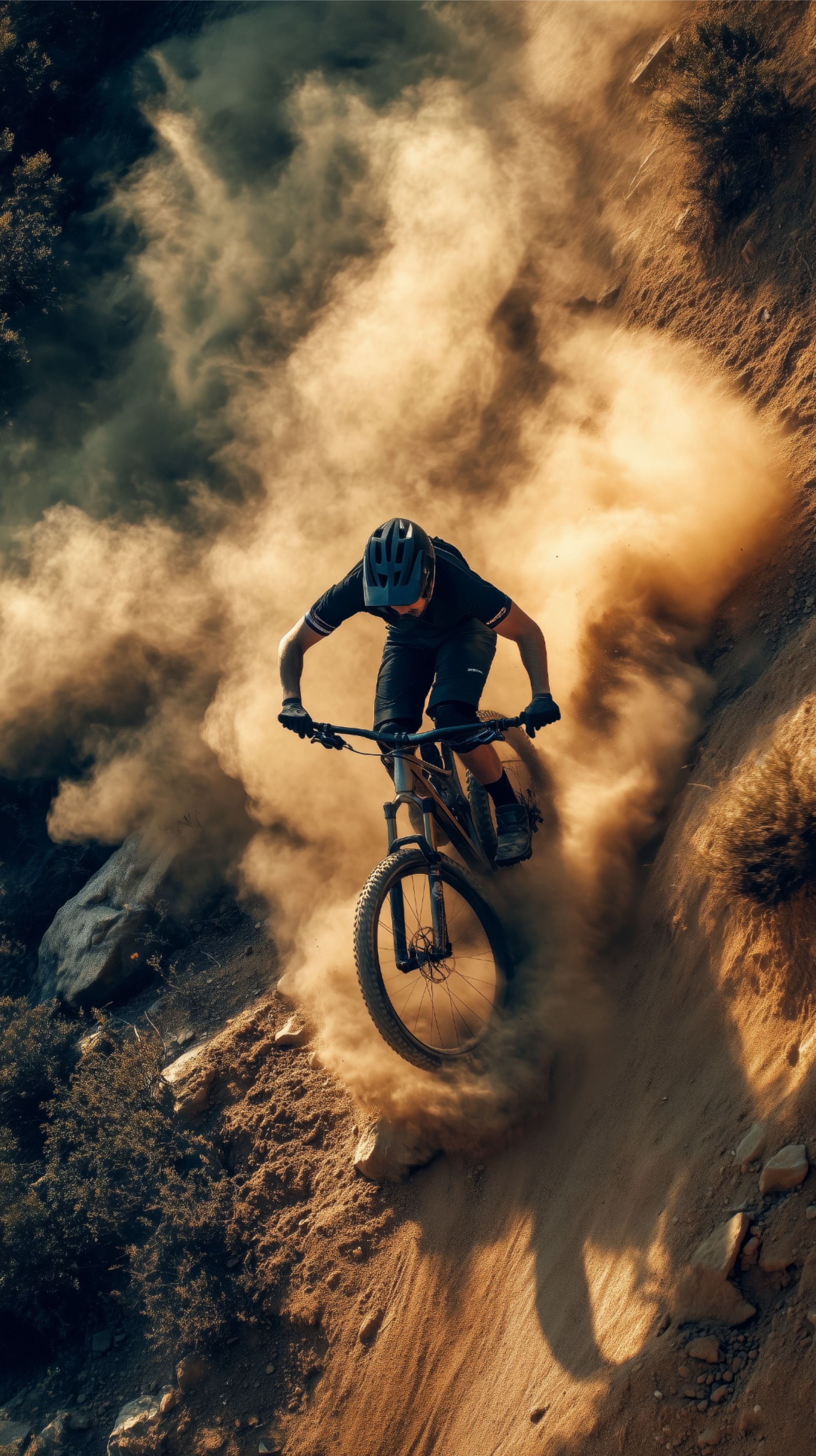 Downhill Mountain Biker on Dusty Trail