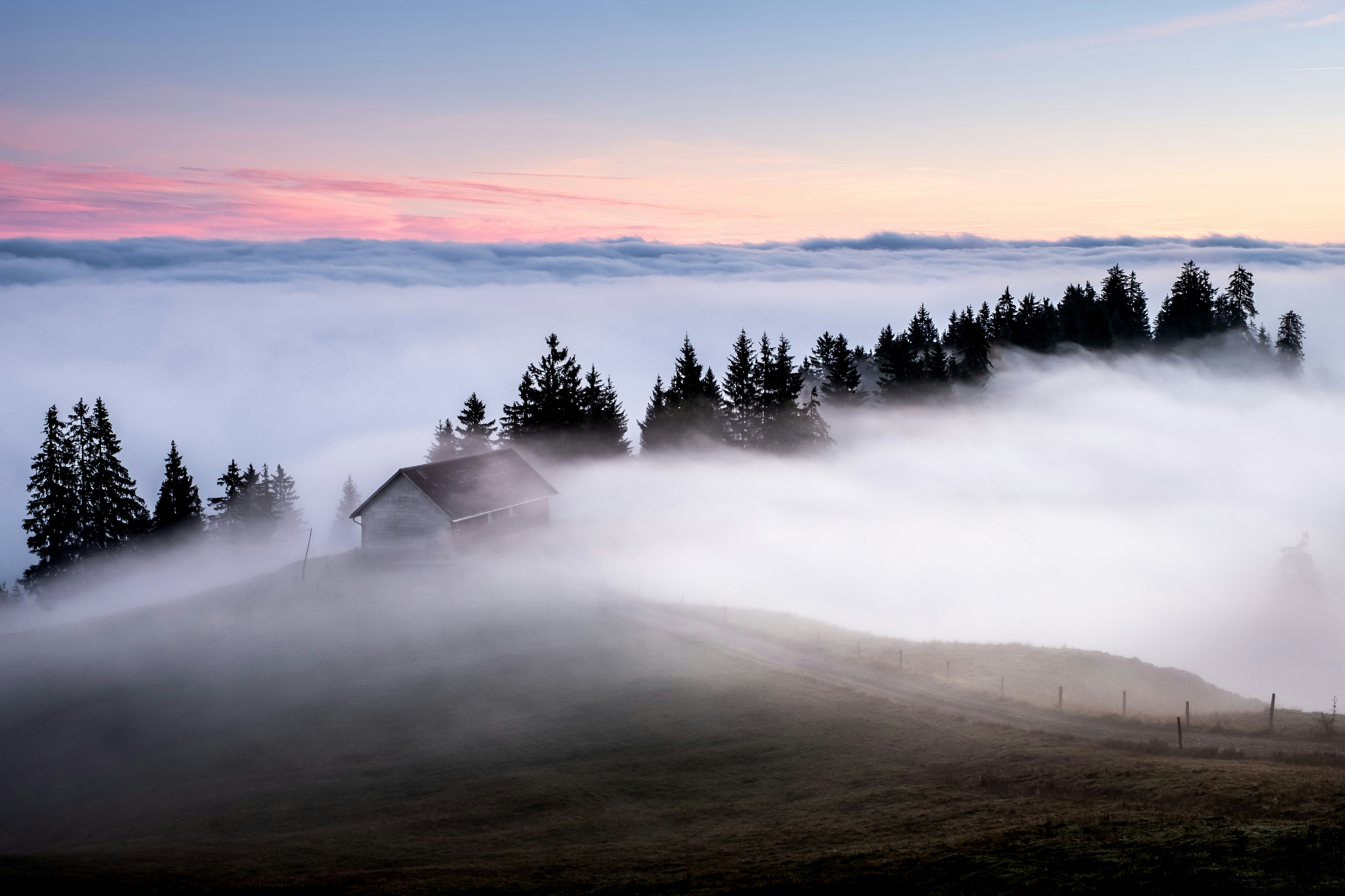 Mountain Cabin Above Cloud Sea at Dawn