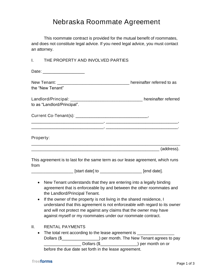 Nebraska Roommate Agreement Template