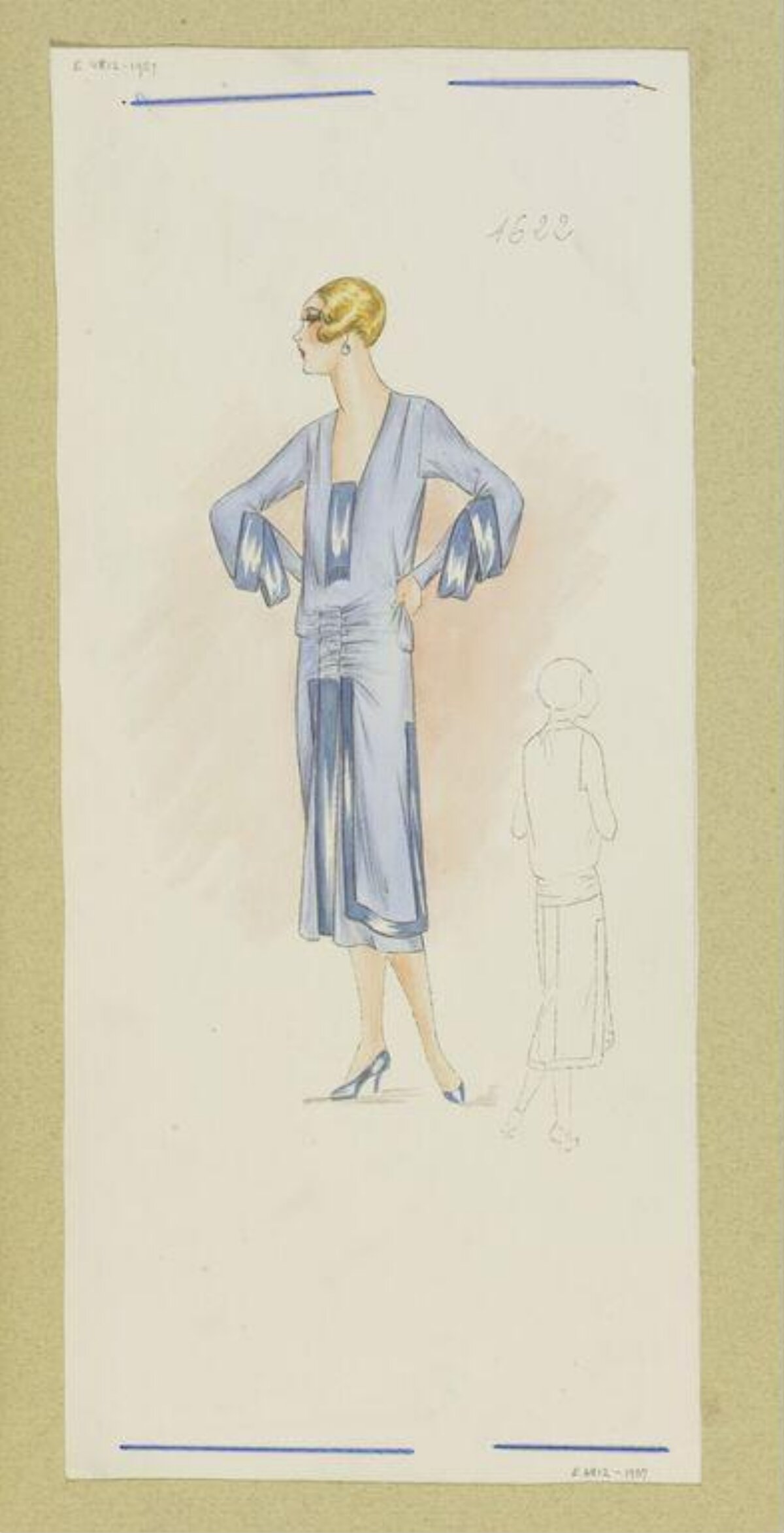 1920s Blue Dress Fashion Sketch