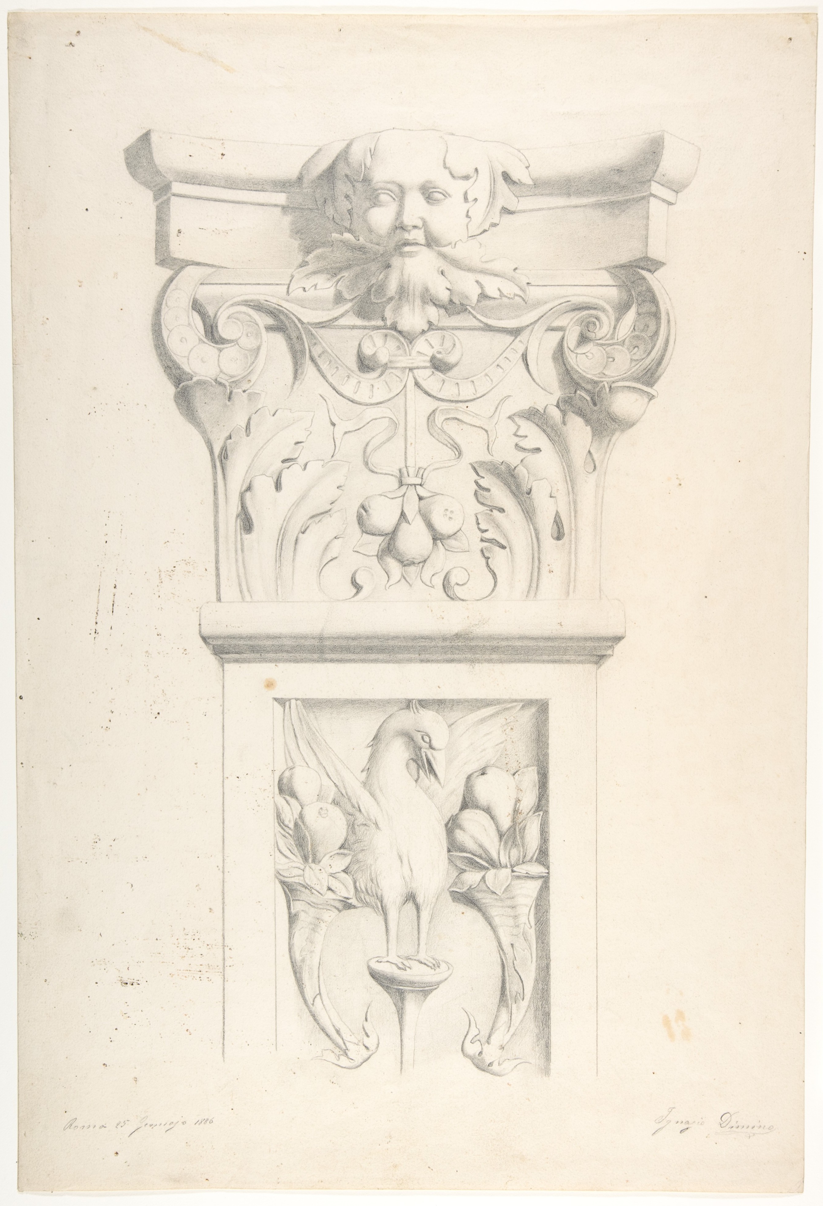 Pencil Sketch of Carved Ornate Pilaster