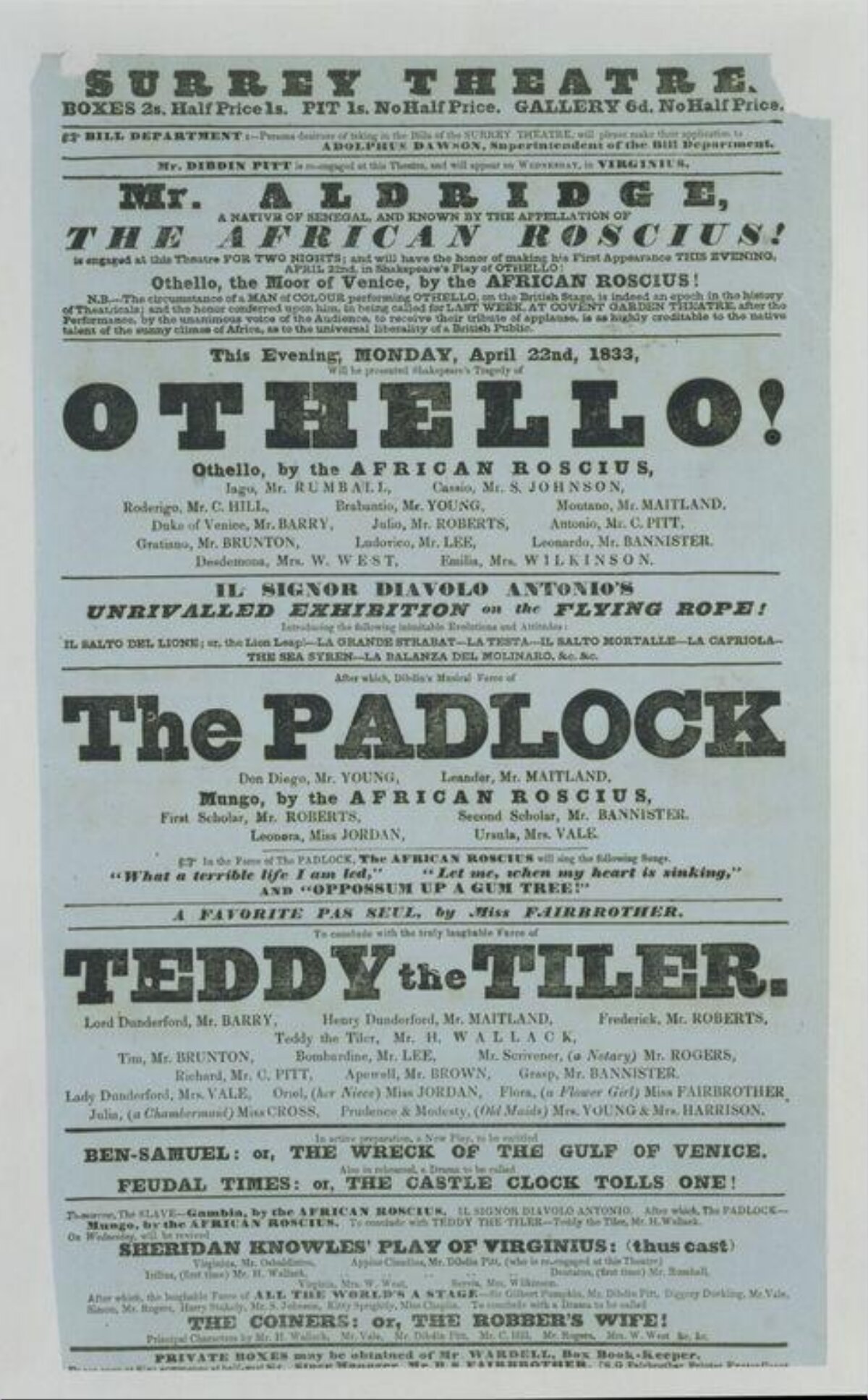 1833 Surrey Theatre Othello Playbill