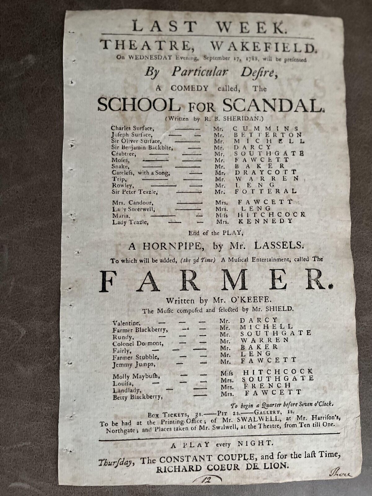 1788 Wakefield Theatre Playbill