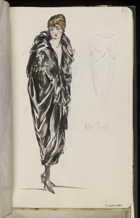Fashion Sketch of Woman in Black Fur Coat
