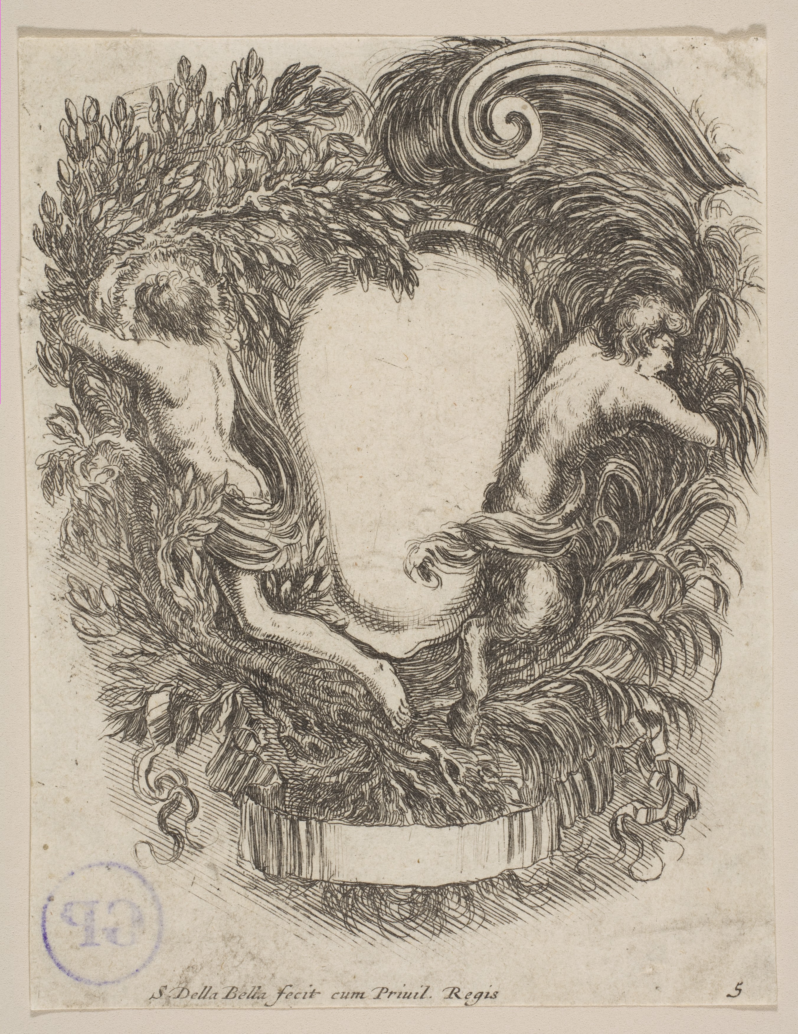 Decorative Cartouche Etching with Two Nudes
