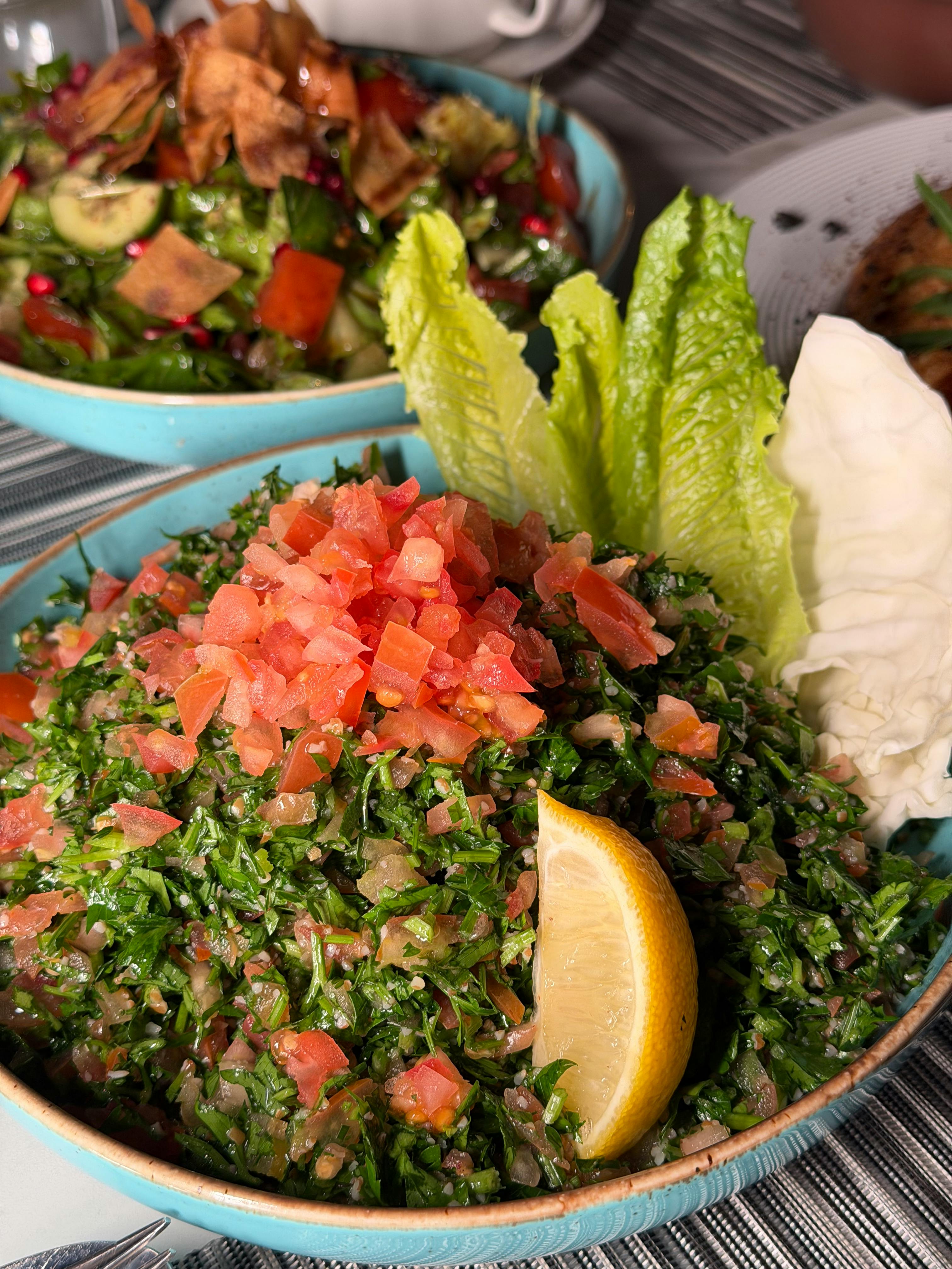Fresh Tabbouleh Salad in Blue Bowls