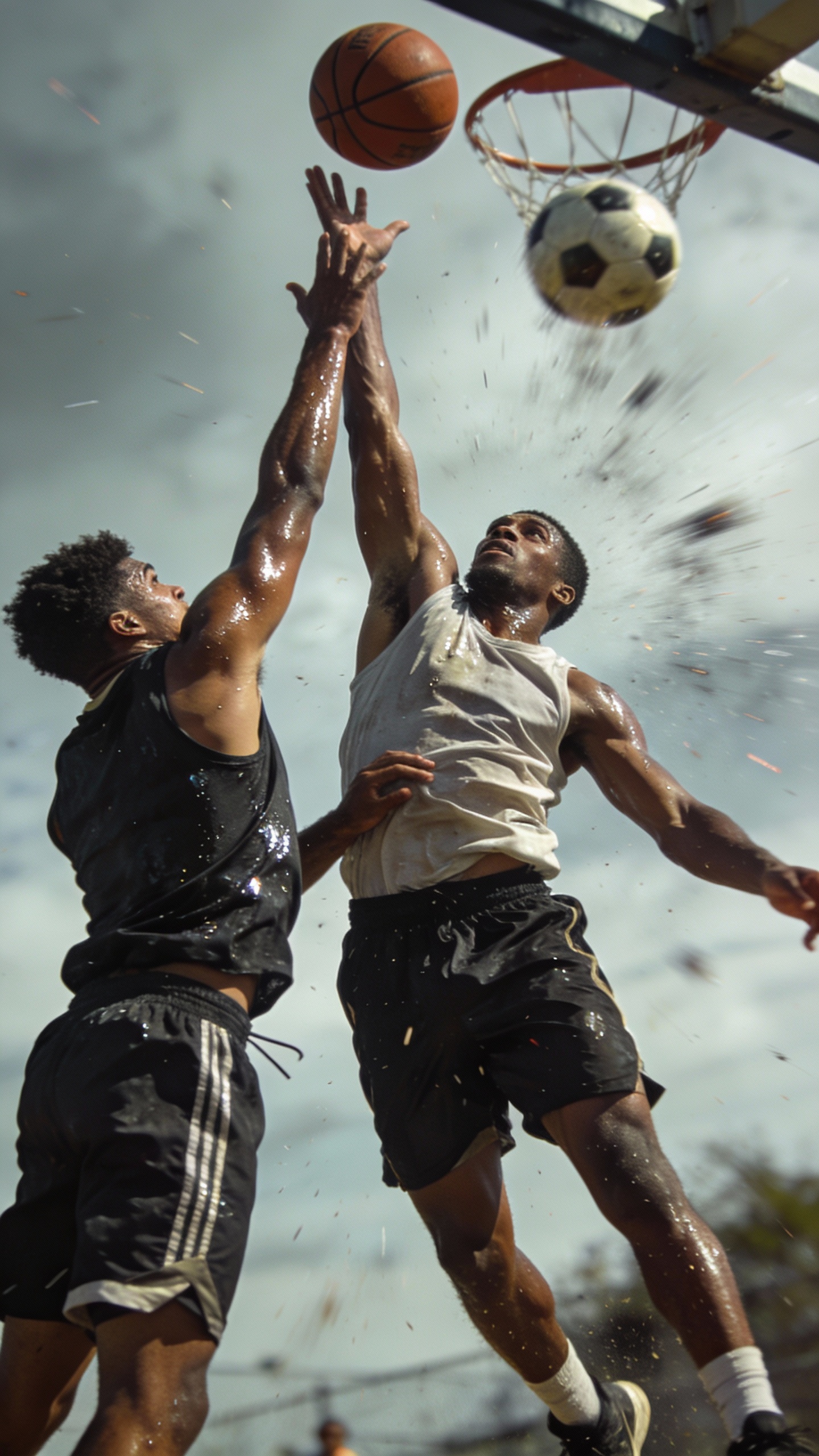 Two Basketball Players Jumping for a Ball