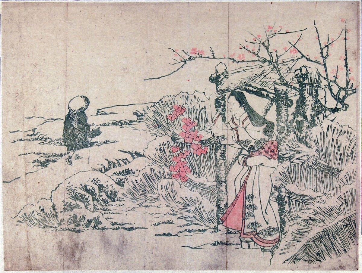 Two Women in Snowy Plum Landscape