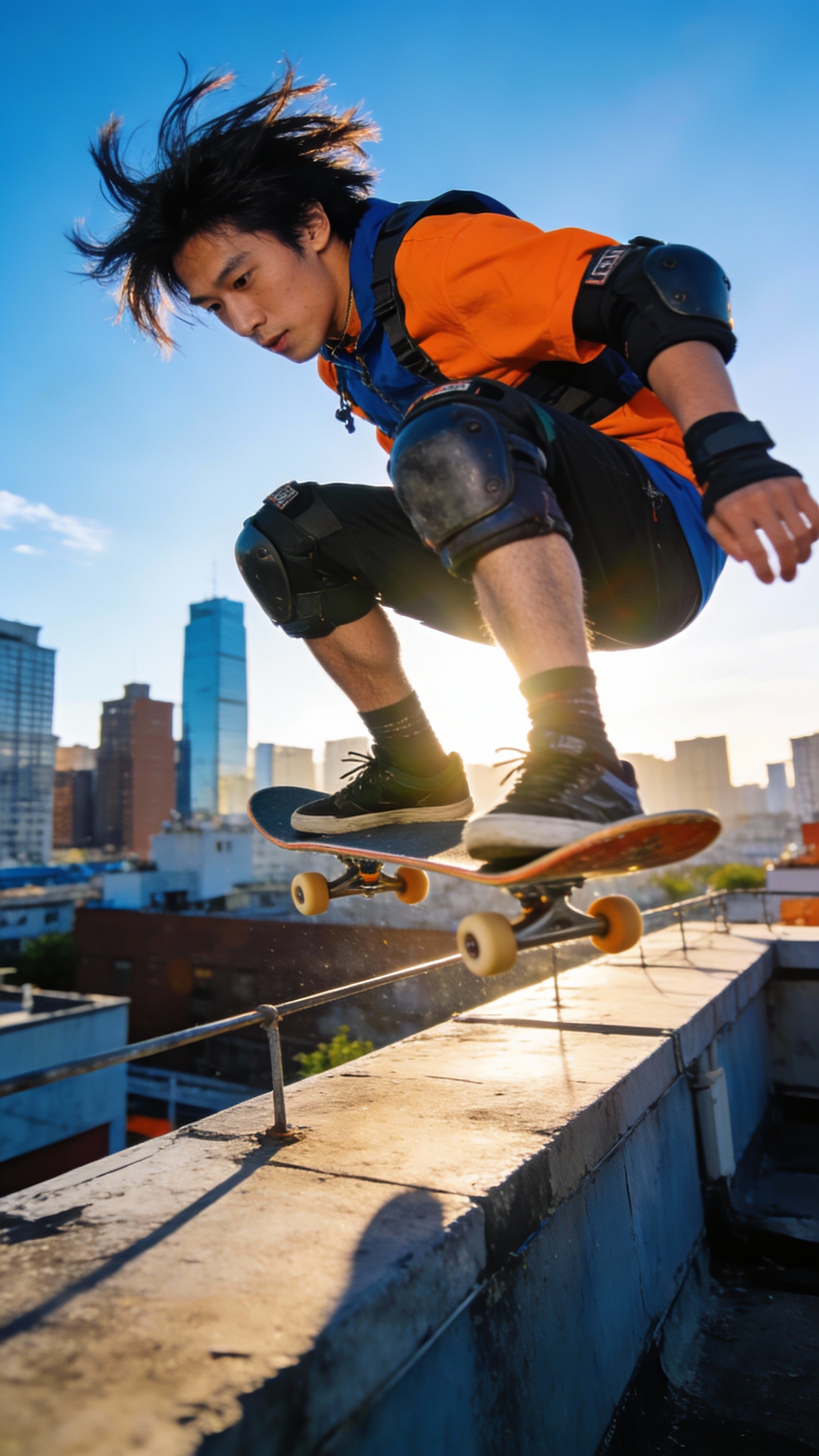 Skateboarder Performing Trick on Rooftop