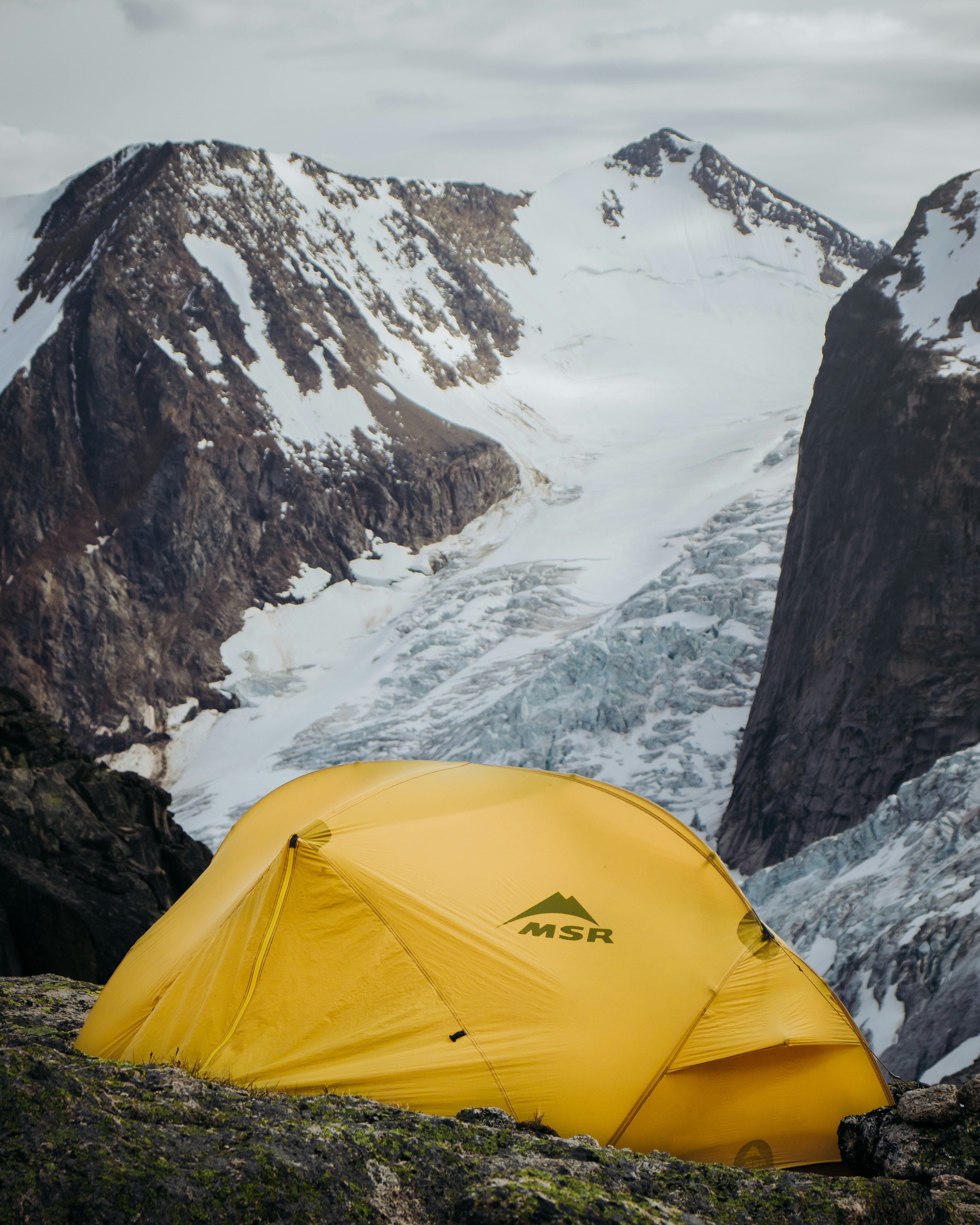Yellow MSR Tent at Alpine Glacier Campsite