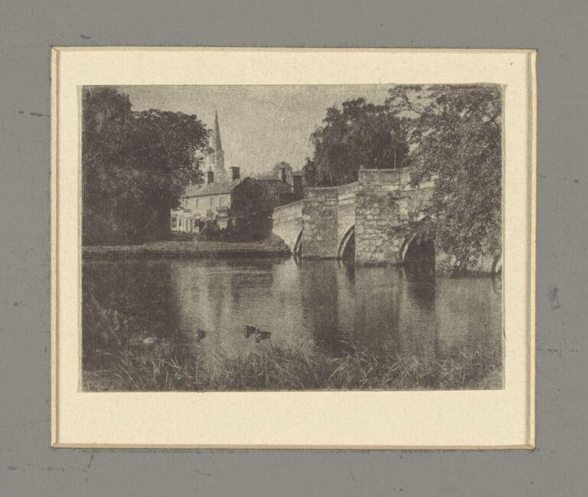 Vintage Stone Bridge River Village Scene