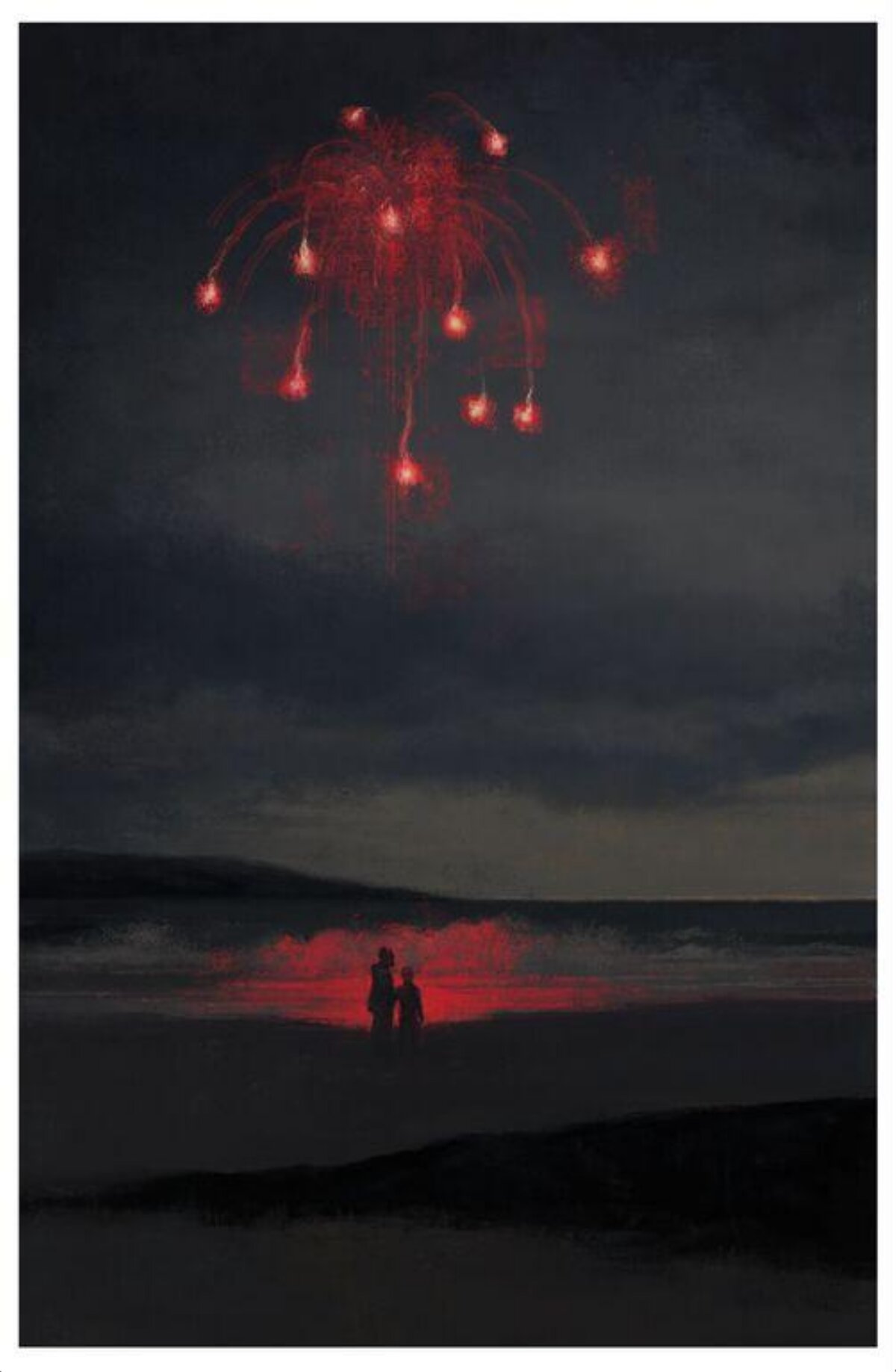 Two People Watching Fireworks on Night Beach
