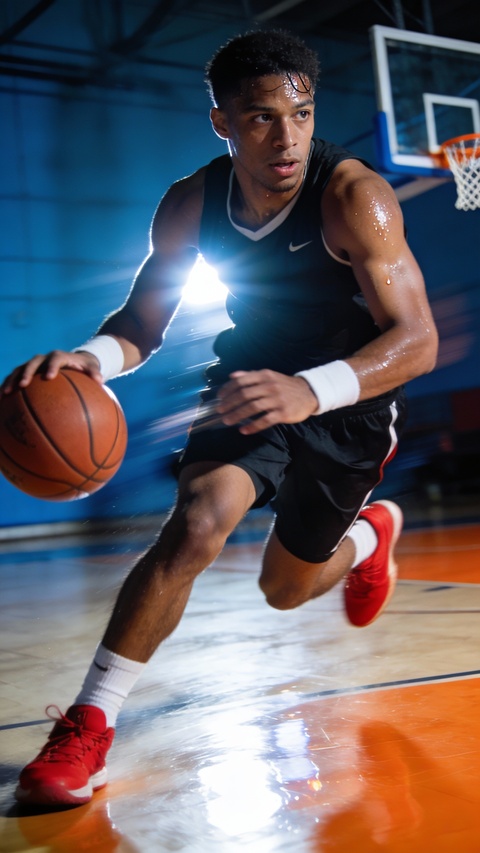 Basketball Player Dribbling on Indoor Court