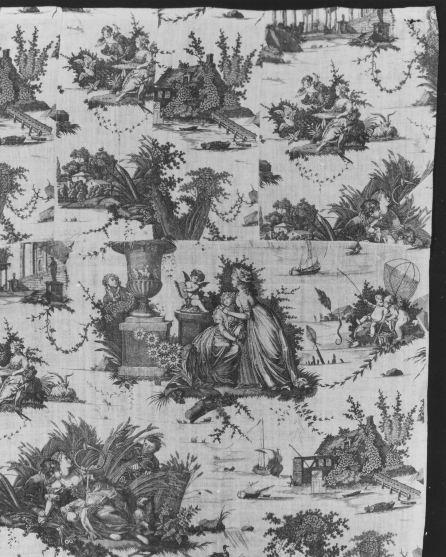 Black White Pastoral Toile Pattern Fabric