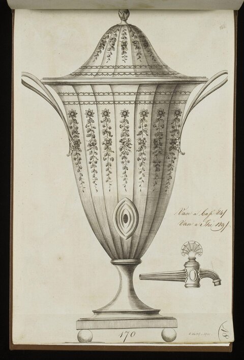 Engraved Drawing of Covered Coffee Urn