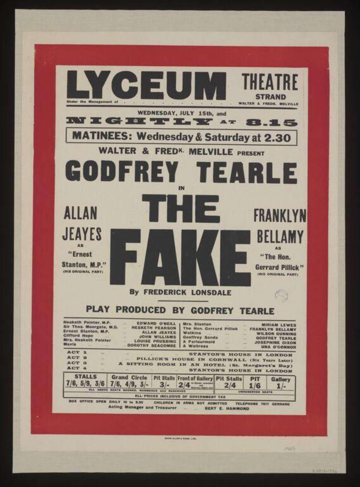 Vintage Lyceum Theatre The Fake Play Poster