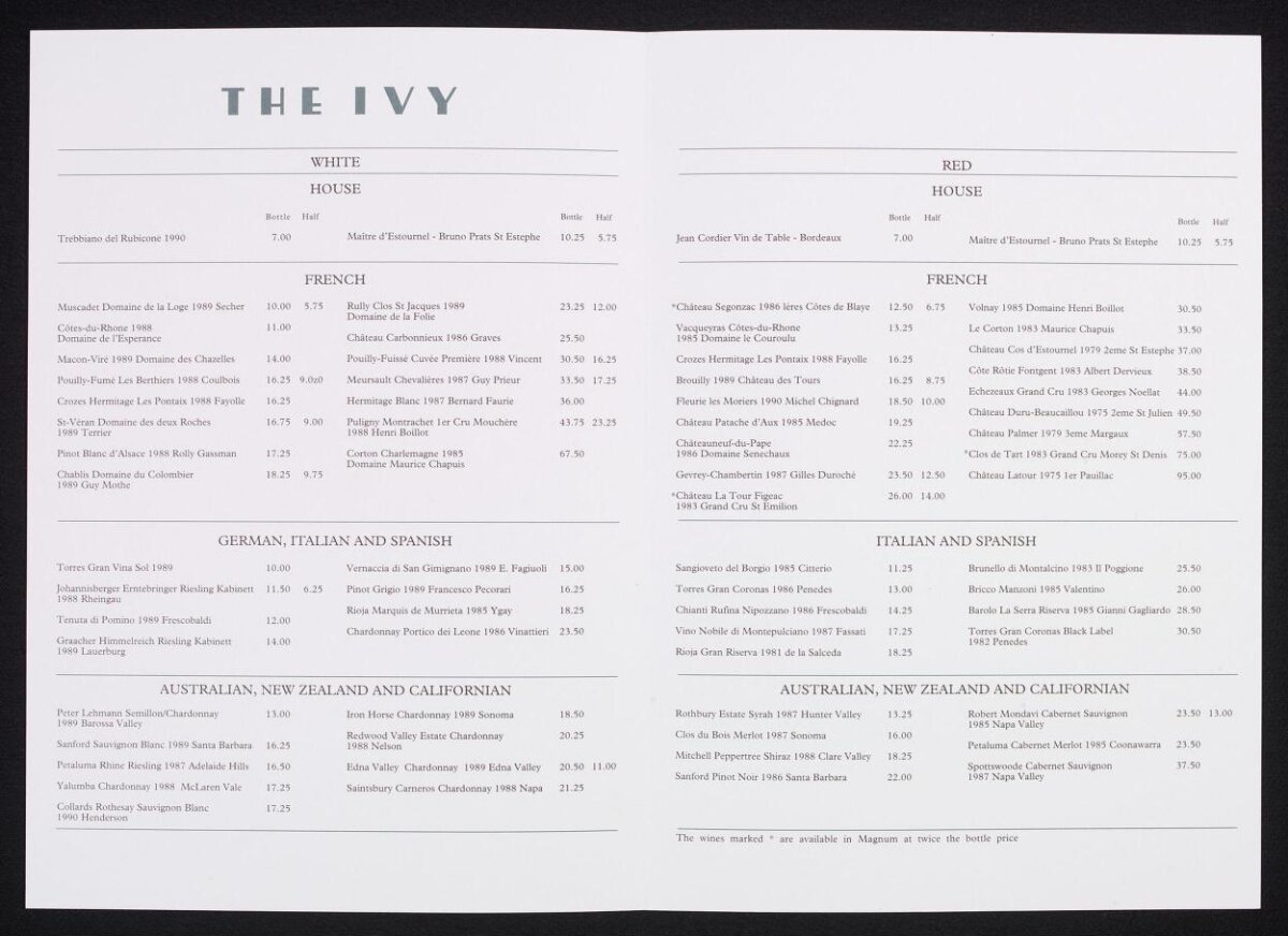 The Ivy Wine List