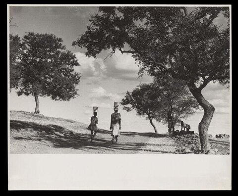 Two Women Walking on Hillside Road