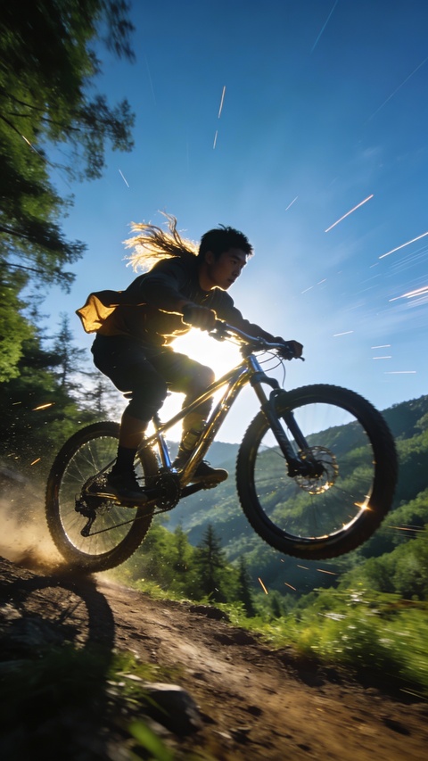 Mountain Biker Mid Jump on Forest Trail