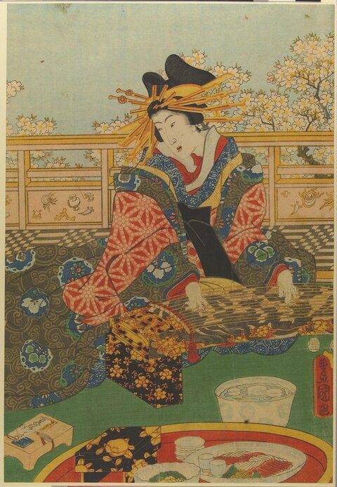 Japanese Ukiyo-e Geisha Playing Koto