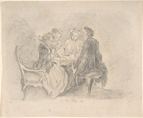 Pencil Sketch of Four Women Playing Cards