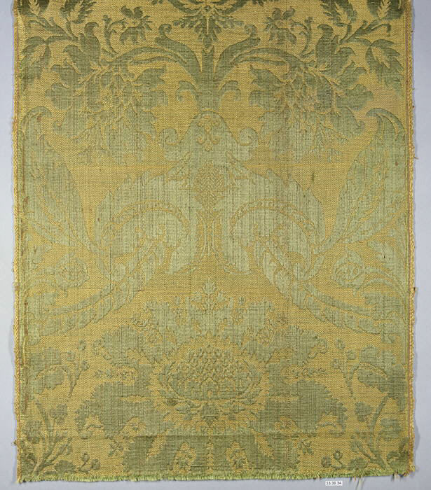 Antique Green Floral Damask Textile Fragment