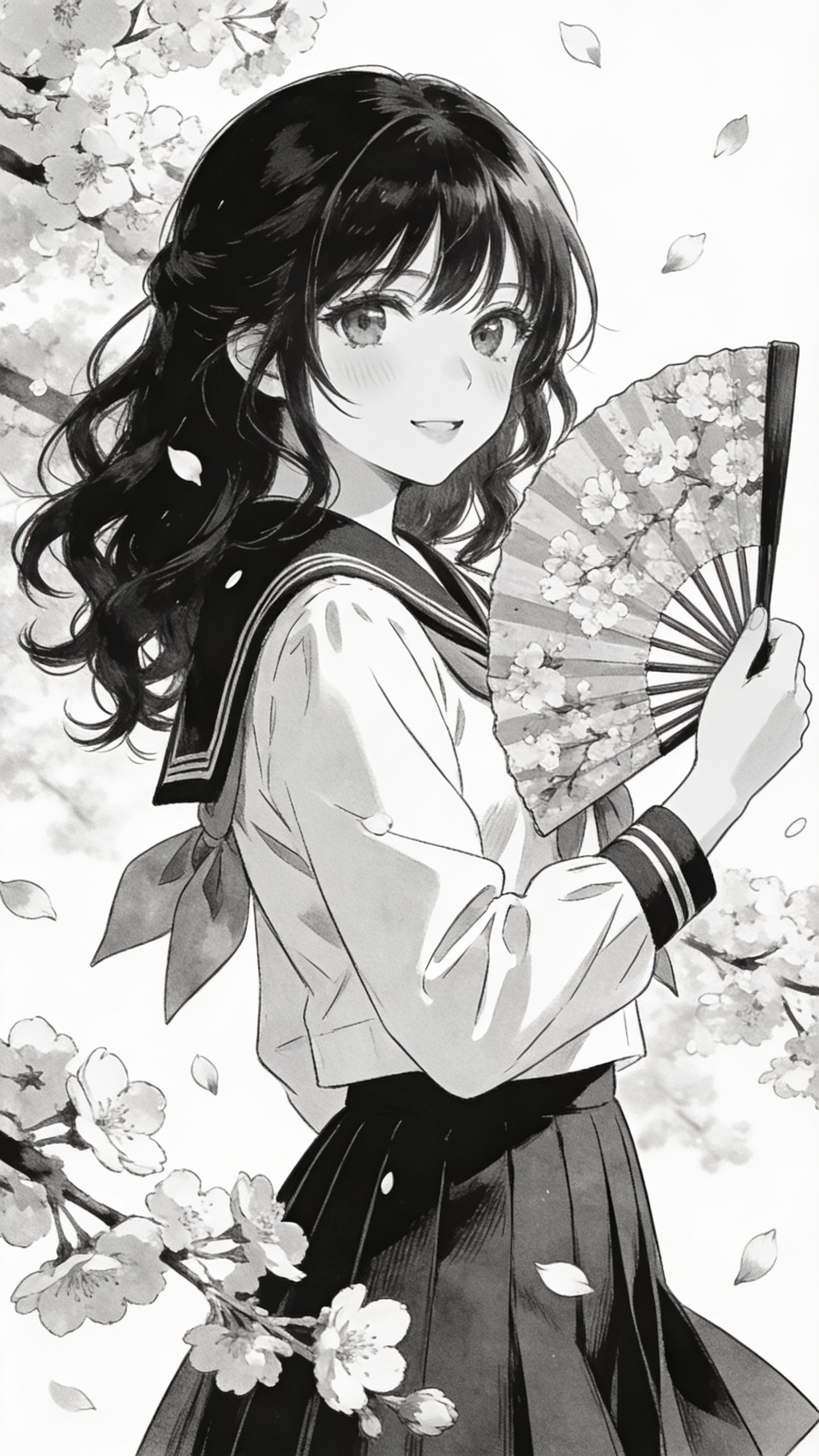 Anime School Girl Under Cherry Blossoms