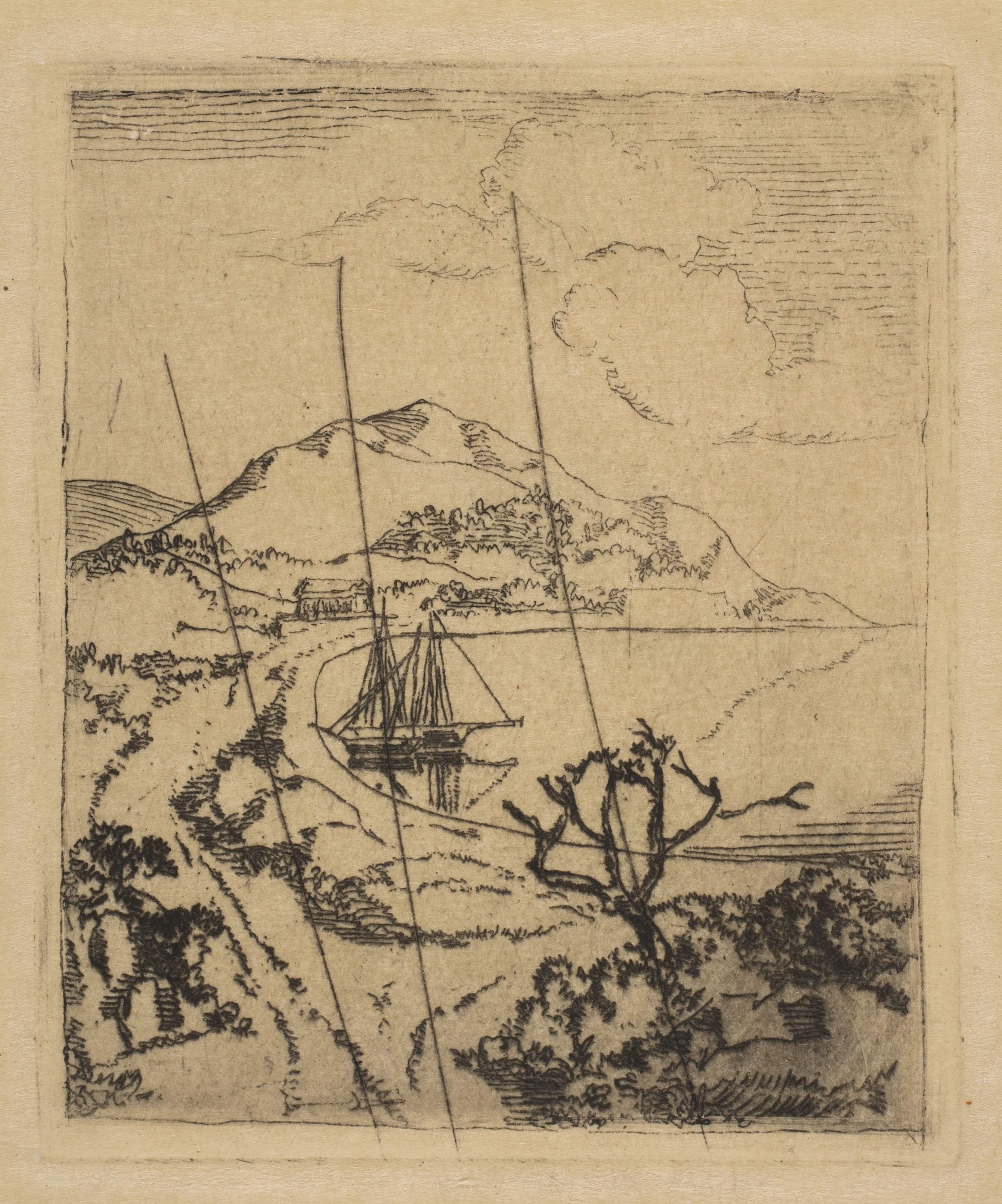 Etched Coastal Landscape with Sailboat