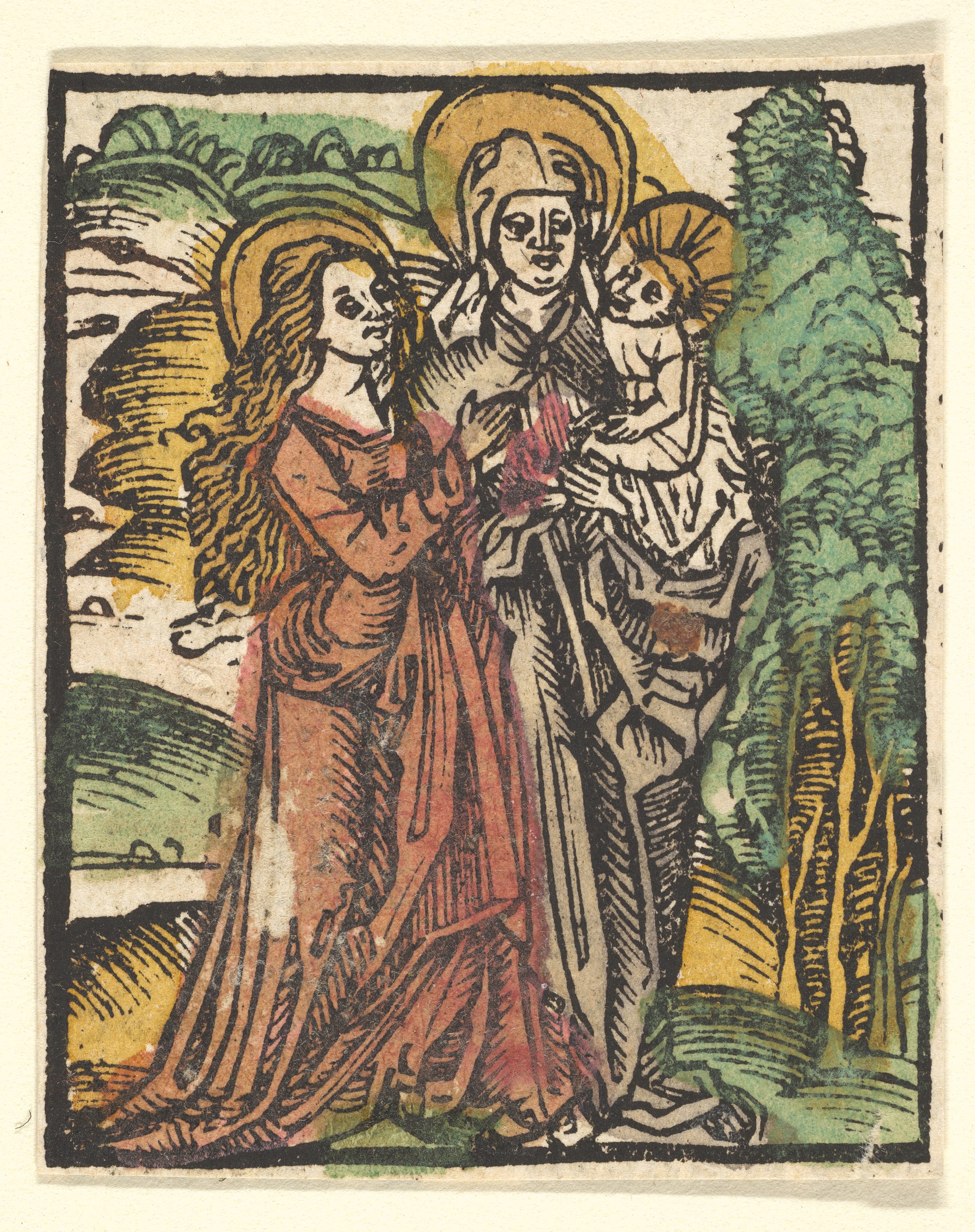 Hand-colored Woodcut of Holy Women and Child