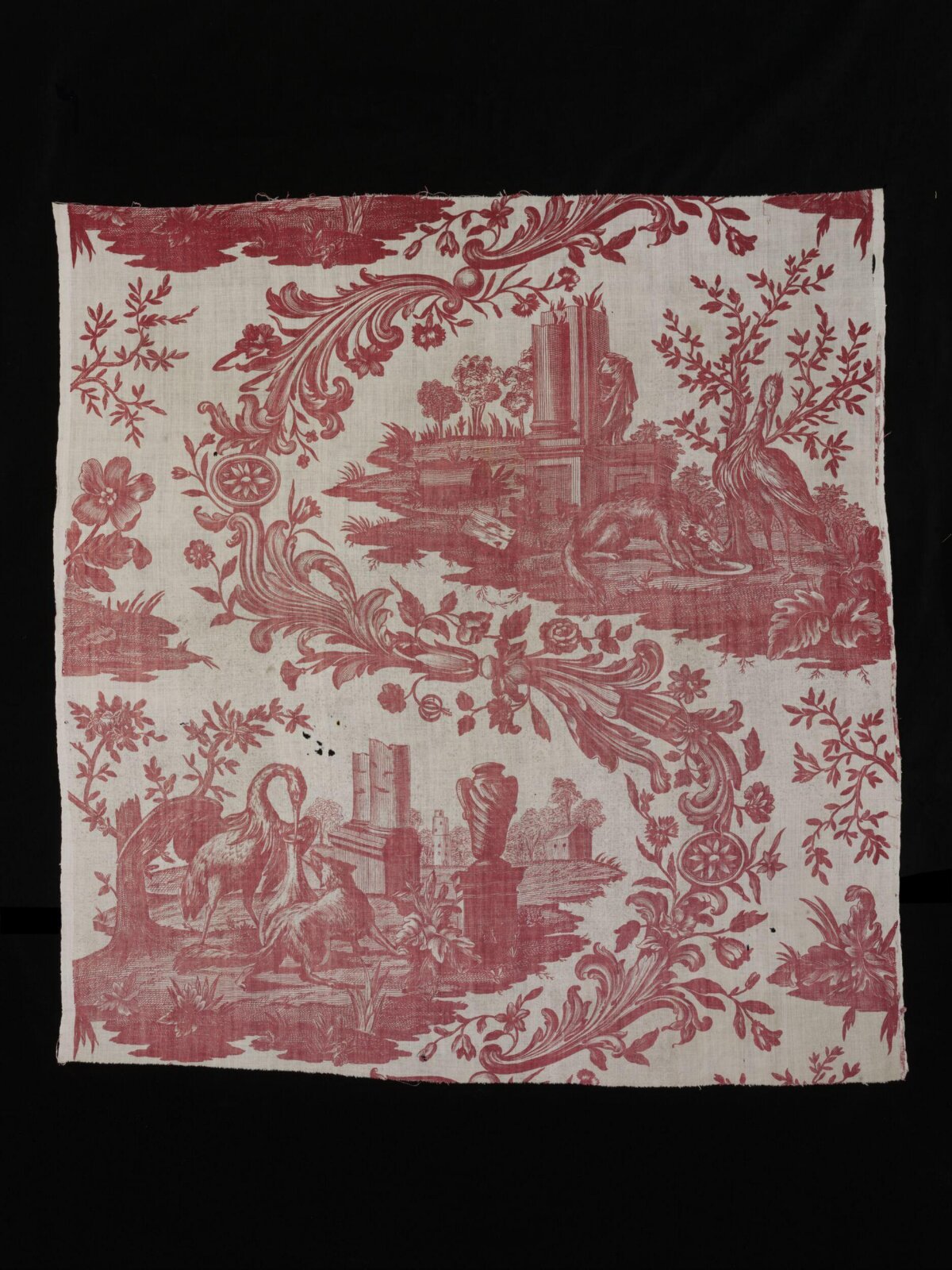 Red Toile Pattern Printed Linen Fragment
