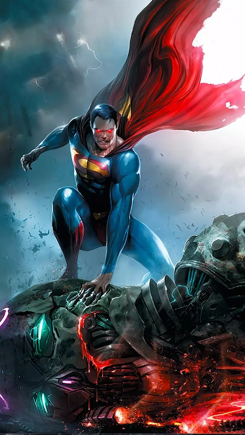 Superman Triumphant Over Defeated Robot