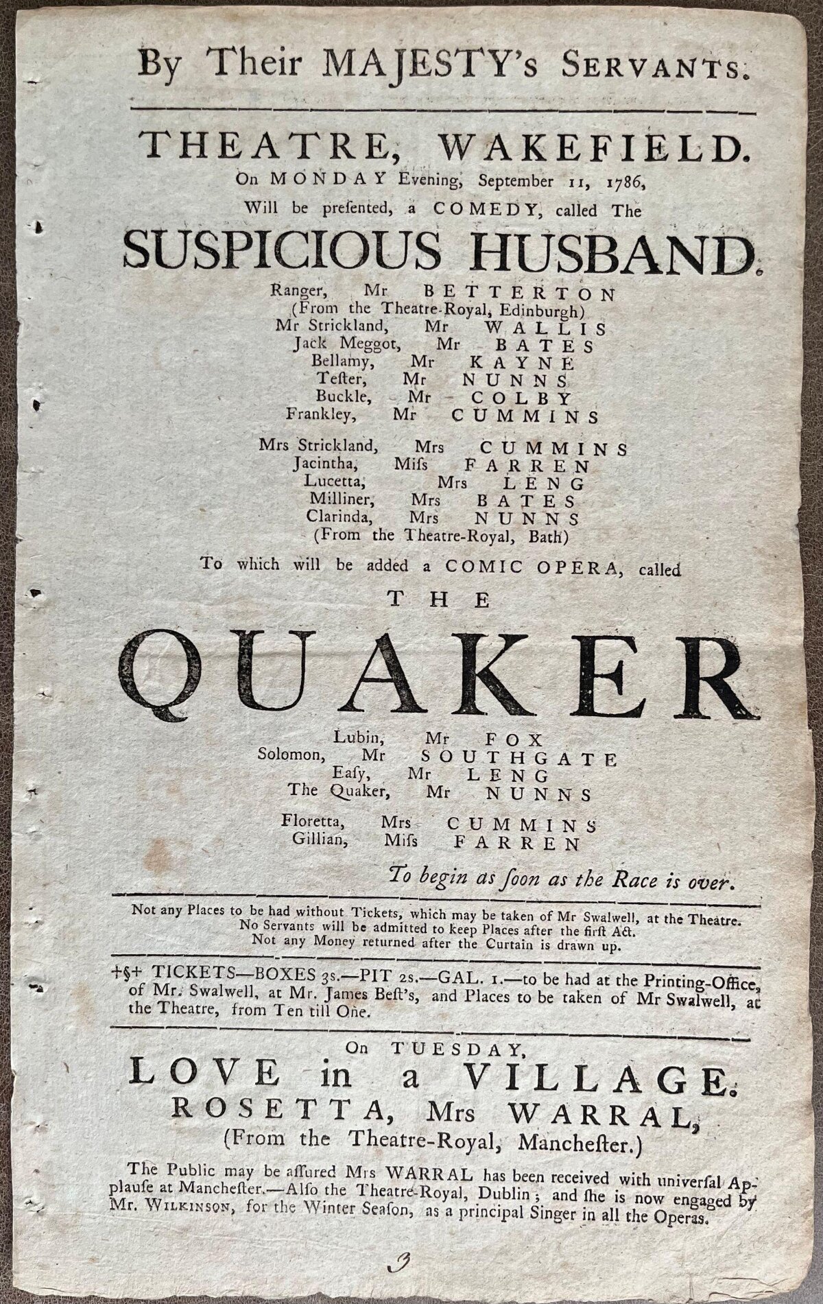 1786 Wakefield Theatre Playbill