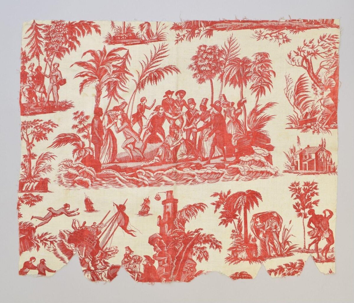 Red Toile Shipwreck Scene Fabric