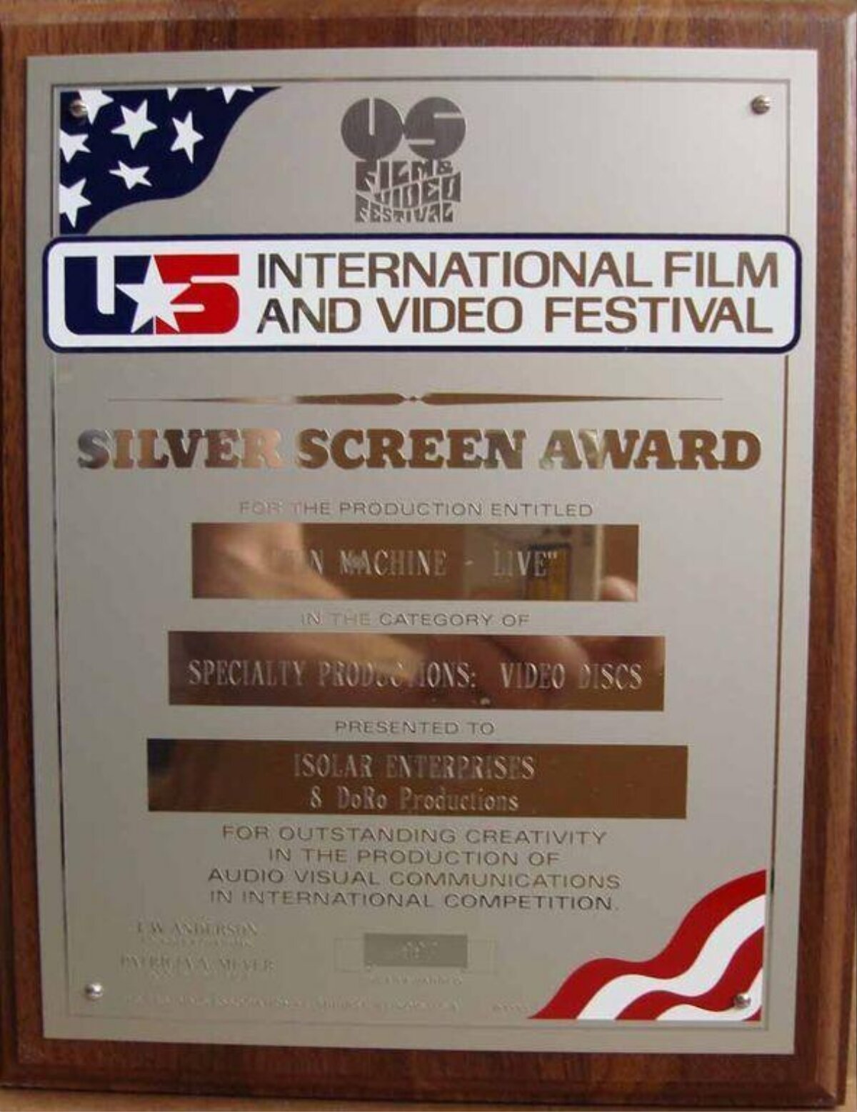 US Film Festival Silver Screen Award Plaque