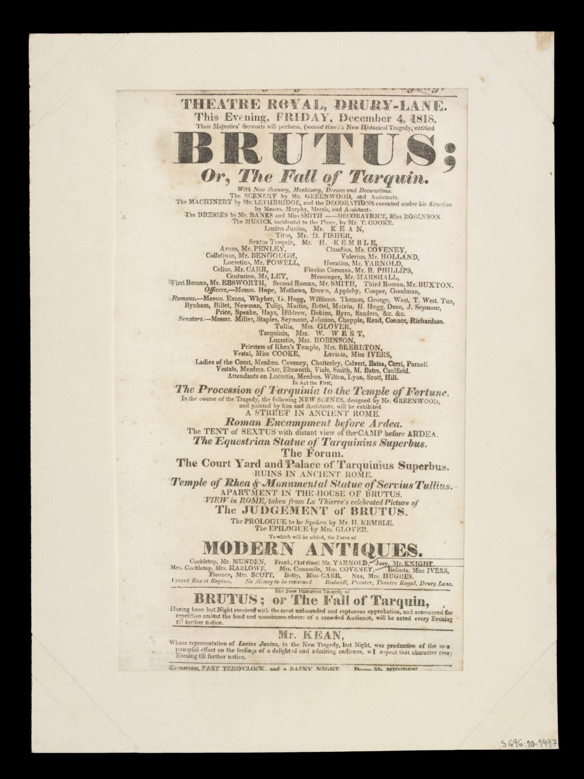 1818 Drury Lane Brutus Playbill