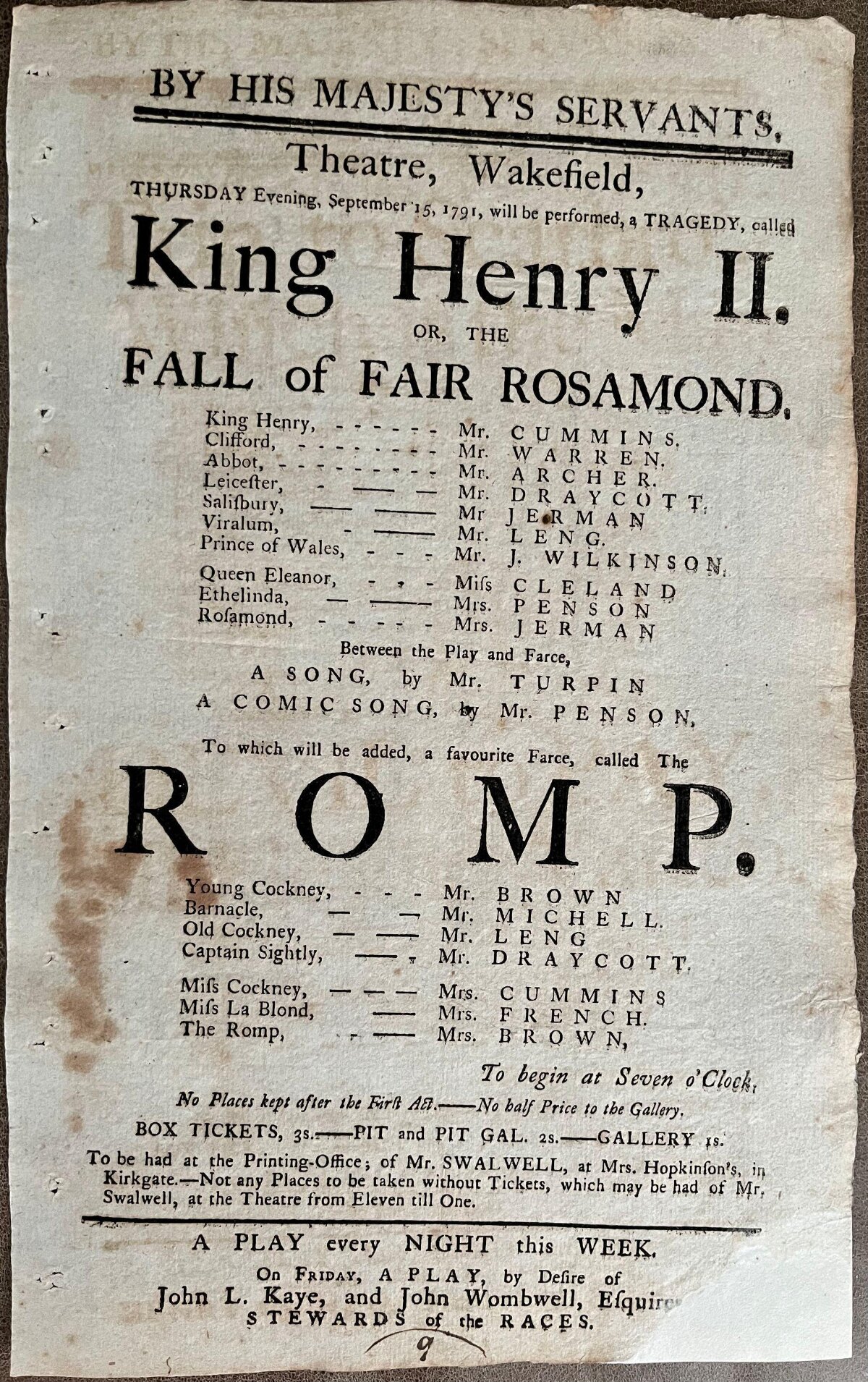 1791 Wakefield Theatre Playbill