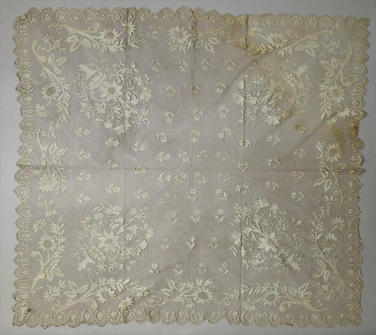 Vintage Floral Embroidered Lace Textile