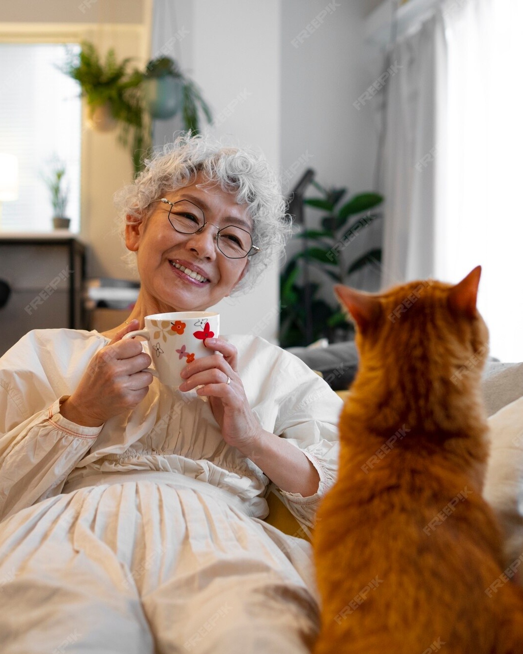 Elderly Woman Relaxing With Orange Cat
