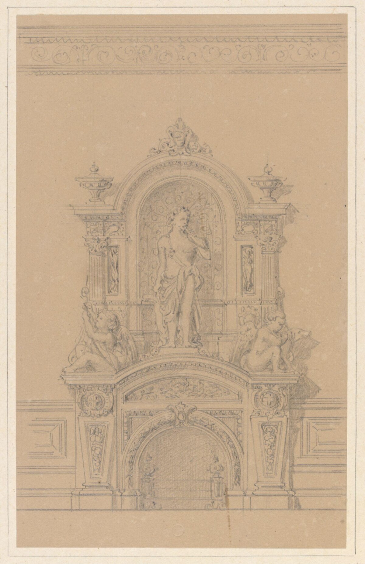 Pencil Sketch of Ornate Fireplace Design