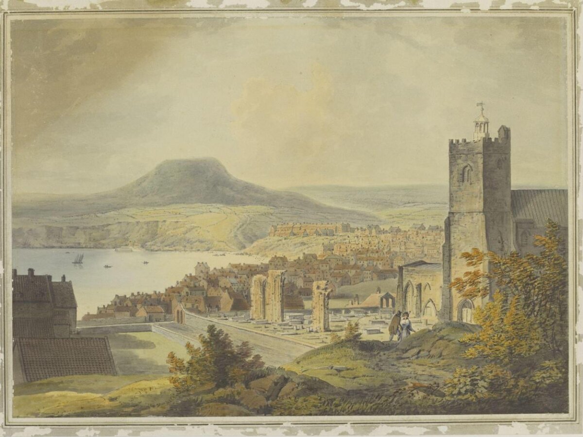 Watercolor View of Coastal Town with Ruins