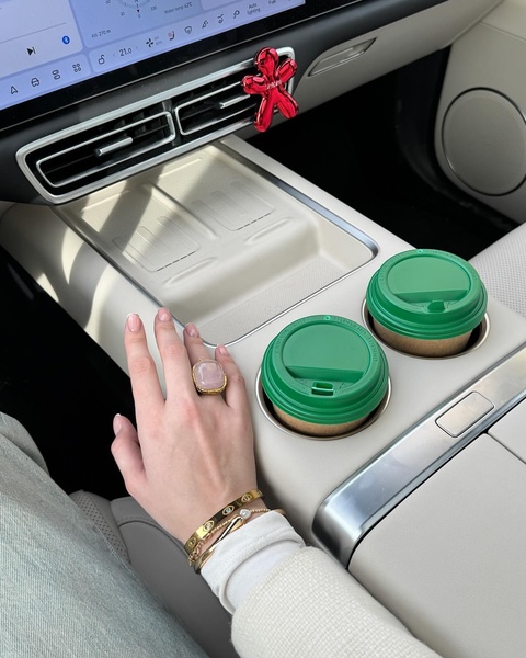 Accessorized hand and coffee in car interior