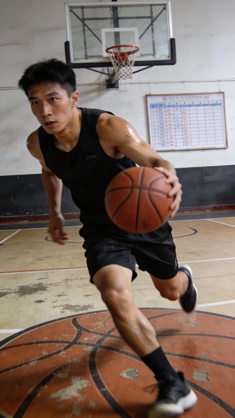Basketball Player Dribbling on Indoor Court