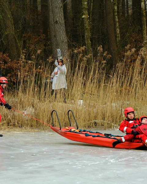 Ice Rescue Training on Frozen Lake